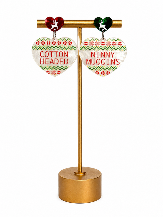 Cotton Headed Ninny Muggins Christmas Heart Earrings Elf Inspired