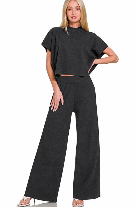 Zenana Women's Black Ribbed Knit 2 Piece Lounge Set Wide Leg Pants Short Sleeve Top