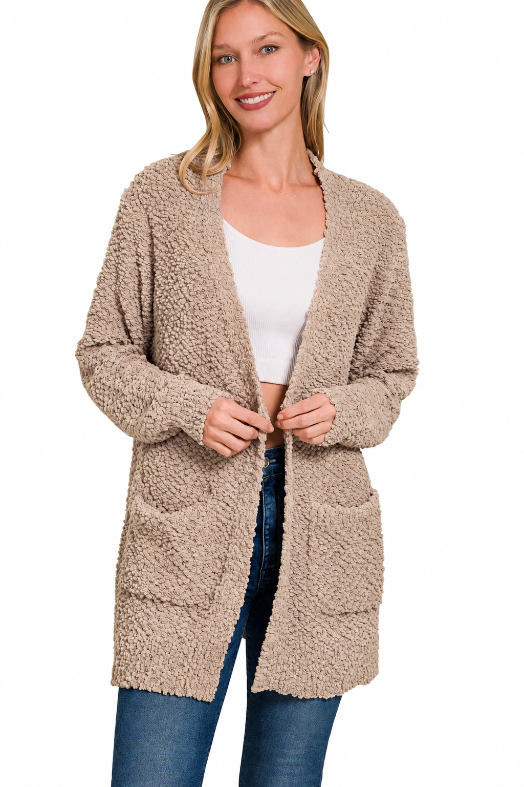 Zenana Women's Popcorn Knit Cardigan Sweater Open Front Pockets Ash Mocha
