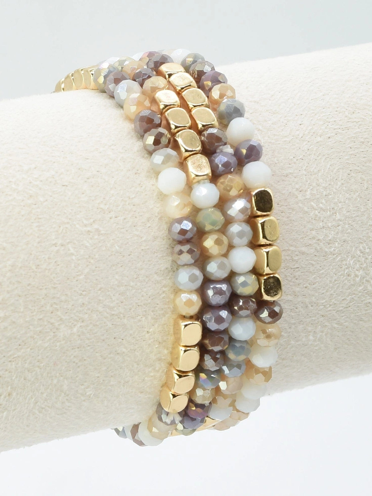 Neutral Multicolor & Gold Beaded Stretch Bracelet Stack Set of 4