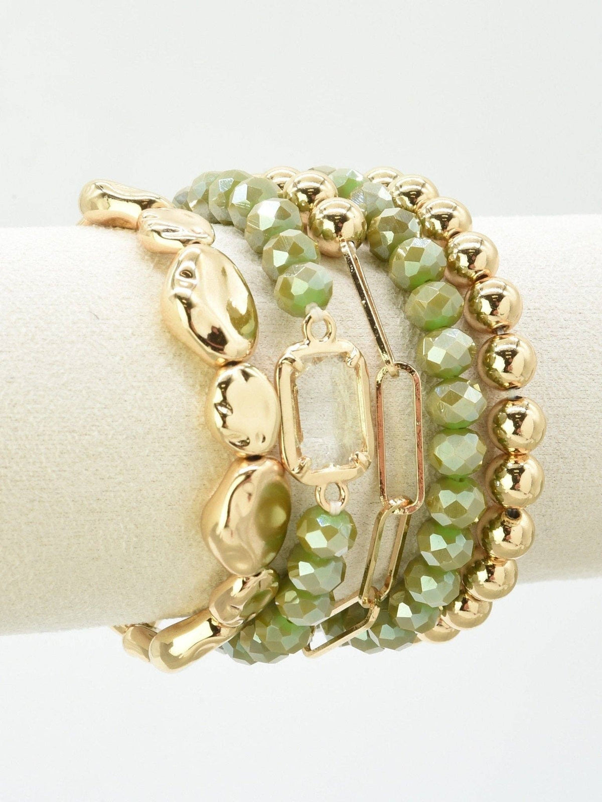 Olive Green & Gold Beaded Stretch Bracelet Stack Set of 5