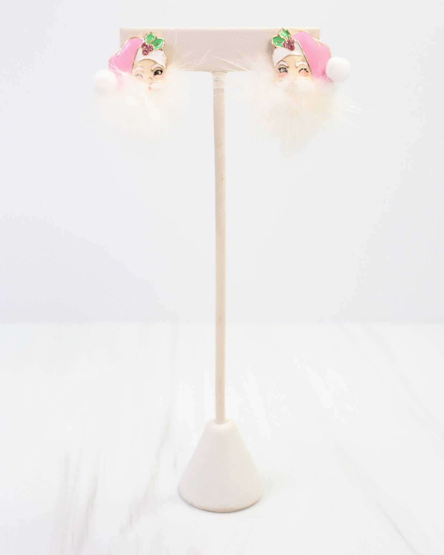 Caroline Hill Pink Fuzzy Santa Earrings Faux Fur Pom Pom Christmas Studs