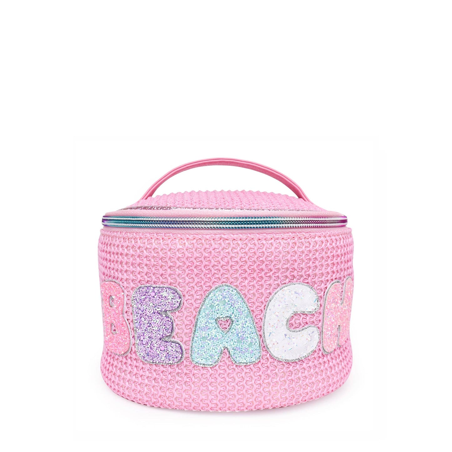 'Beach' Pink Straw Round Glam Bag