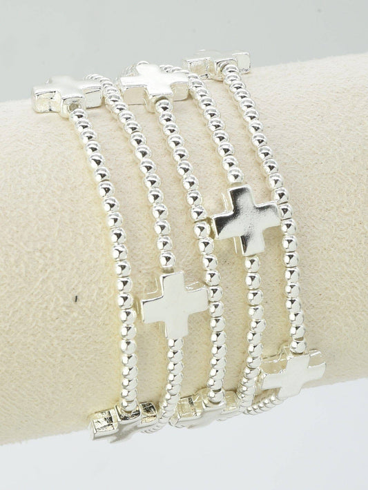 Silver Cross Beaded Stretch Bracelet Stack Set of 5