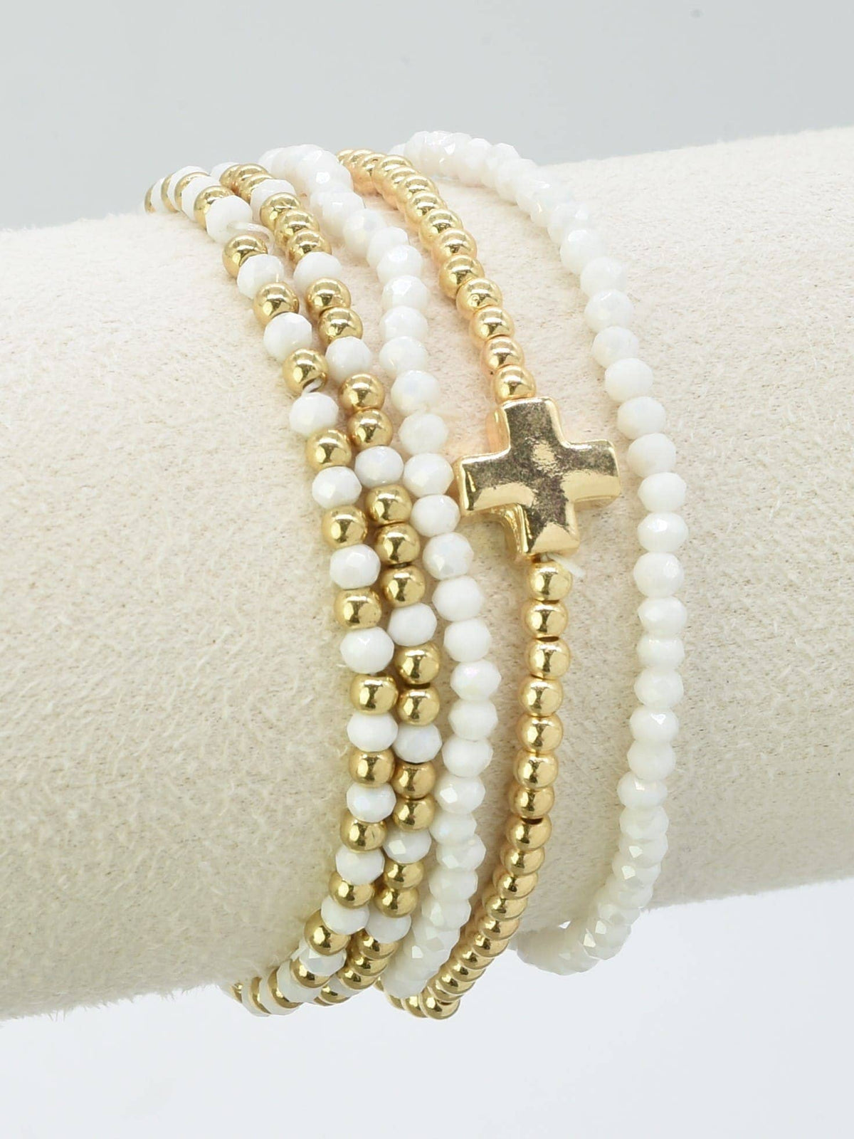 White Iridescent & Gold Glass Beaded Bracelet Stack Set of 5