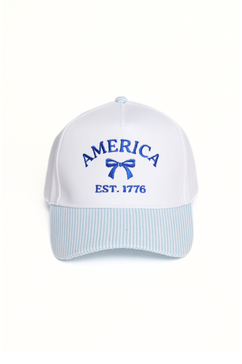 AMERICA EST. 1776 BOW Embroidered Stripe Print Two Tone Cap: Blue