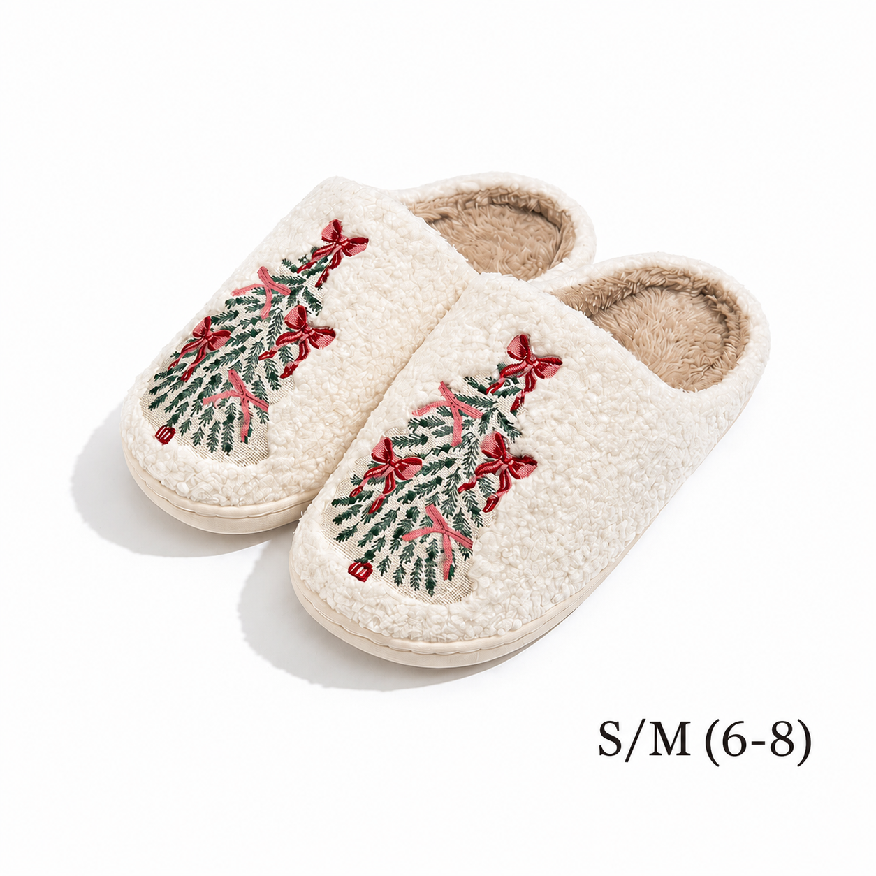 SOLMERE Christmas Tree Bow Slippers Womens Plush Holiday S/M 6-8