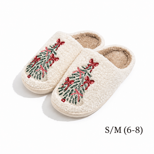 SOLMERE Christmas Tree Bow Slippers Womens Plush Holiday S/M 6-8