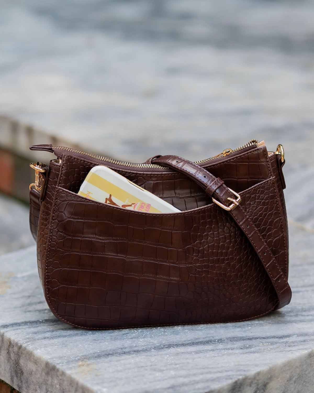 Caroline Hill Charlee Chocolate Brown Croc Embossed Crossbody Bag
