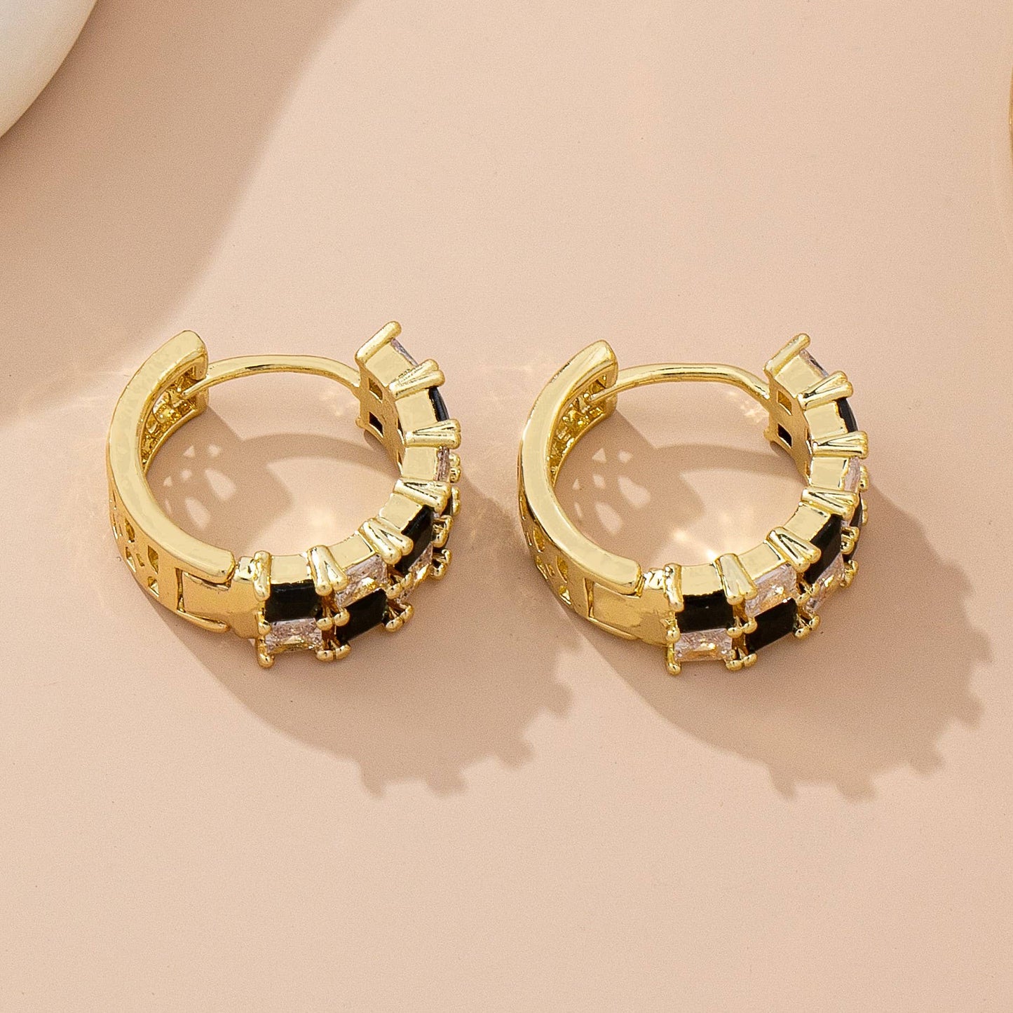 Checker Black & Crystal Baguette Hoop Earrings |GOLD
