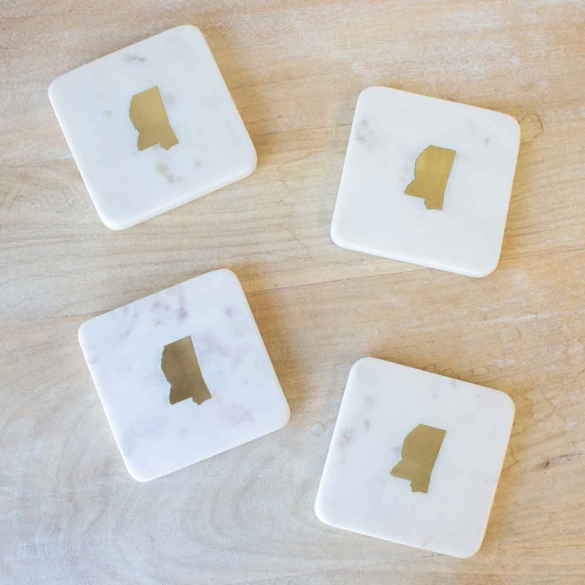 Mississippi Marble Coasters  White/Brass 4x4 Set of 4