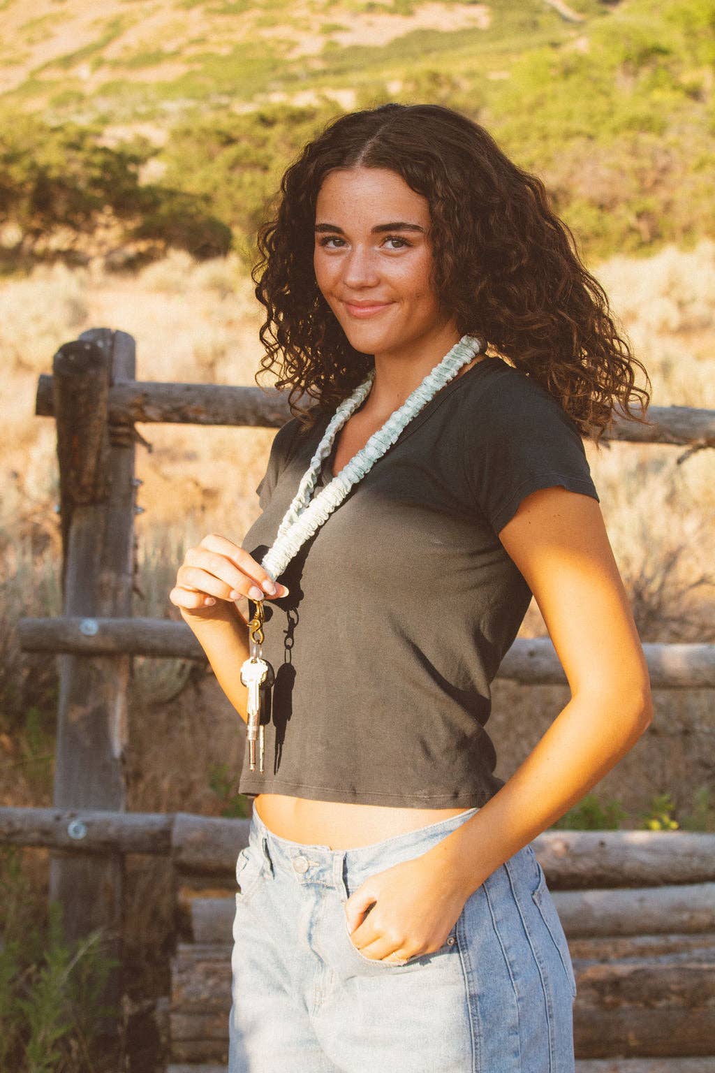 Andi Sage Gingham Lanyard