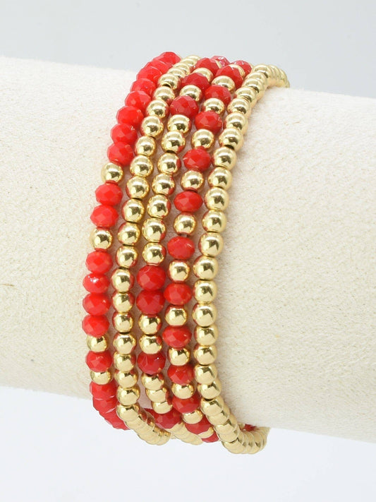 Red & Gold Game Day Glass Beaded Stretch Bracelet Stack Set of 5