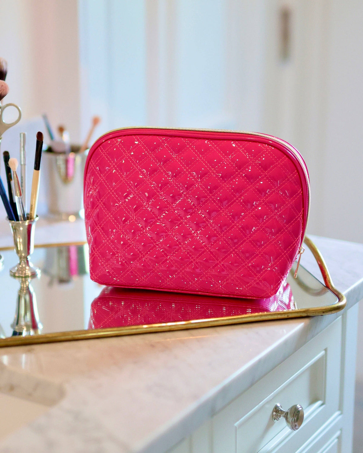 Caroline Hill Capri Large Hot Pink Patent Makeup Bag