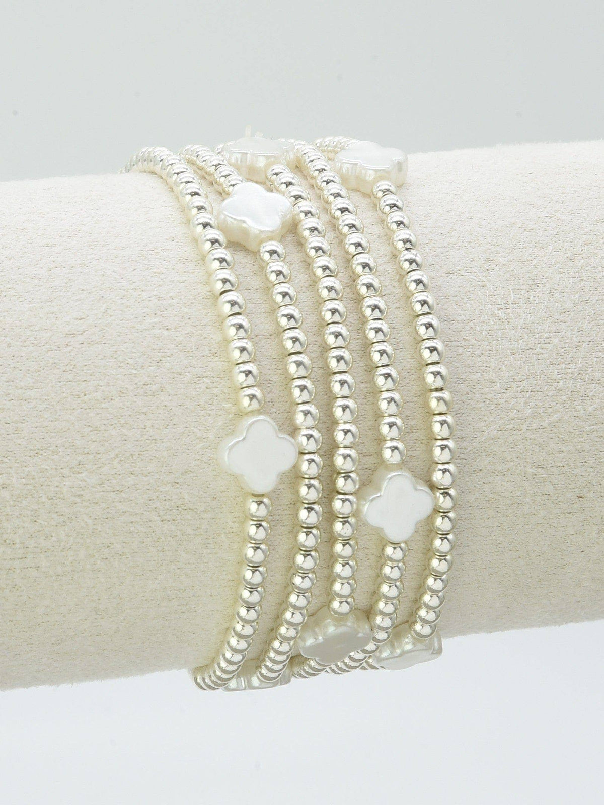 Silver & Cream Clover Beaded Stretch Bracelet Stack Set of 5