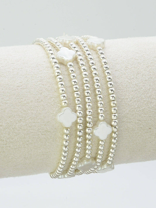 Silver & Cream Clover Beaded Stretch Bracelet Stack Set of 5