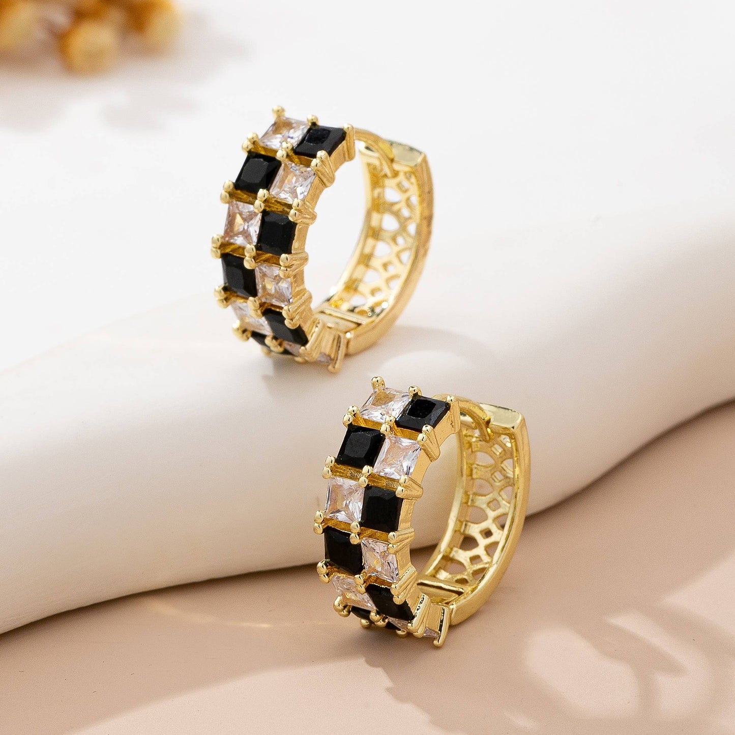 Checker Black & Crystal Baguette Hoop Earrings |GOLD