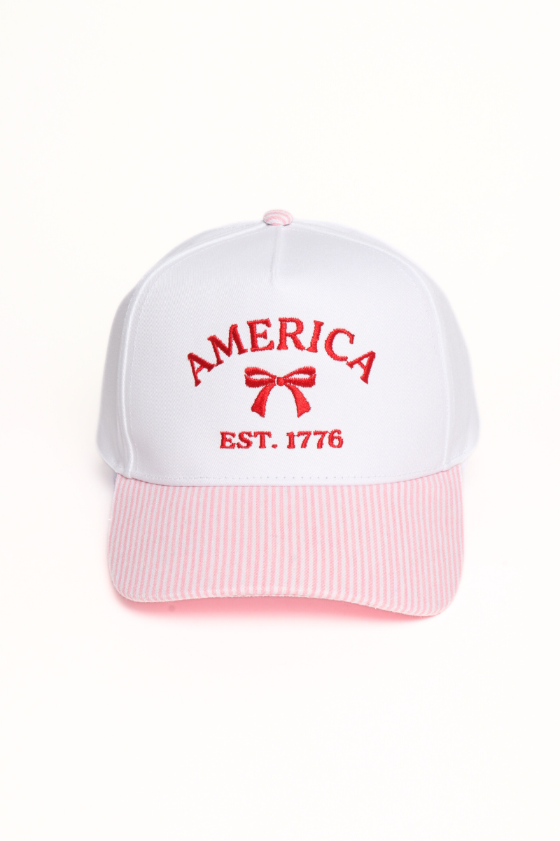 AMERICA EST. 1776 BOW Embroidered Stripe Print Two Tone Cap: Pink