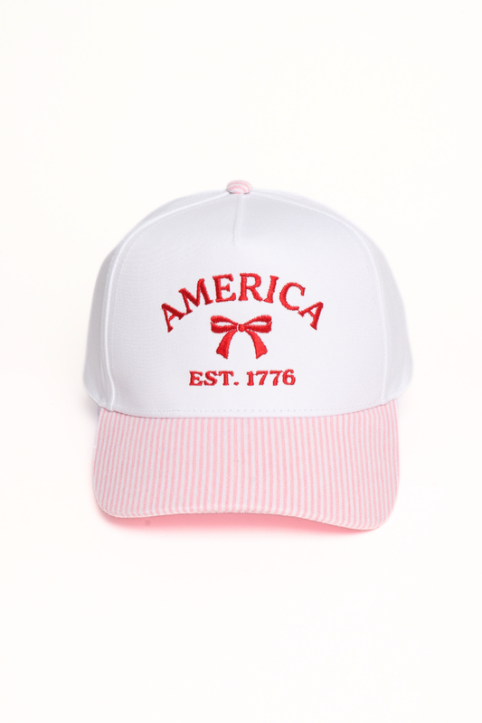 AMERICA EST. 1776 BOW Embroidered Stripe Print Two Tone Cap: Pink
