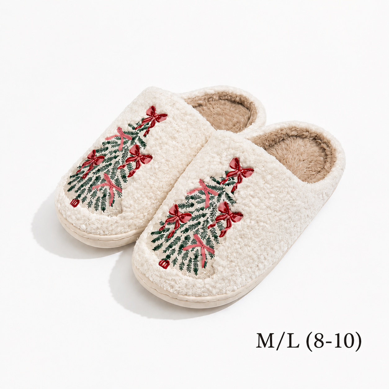SOLMERE Christmas Tree Bow Slippers Womens Plush Holiday M/L (8-10)