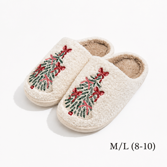 SOLMERE Christmas Tree Bow Slippers Womens Plush Holiday M/L (8-10)